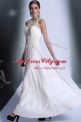 Scoop White Chiffon Zipper Prom Party Dress Sleeveless Floor Length Beading and Hand Made Flower
