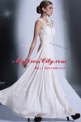 Scoop White Chiffon Zipper Prom Party Dress Sleeveless Floor Length Beading and Hand Made Flower