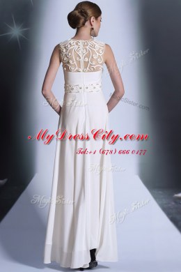 Scoop White Chiffon Zipper Prom Party Dress Sleeveless Floor Length Beading and Hand Made Flower