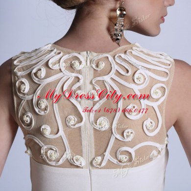 Scoop White Chiffon Zipper Prom Party Dress Sleeveless Floor Length Beading and Hand Made Flower