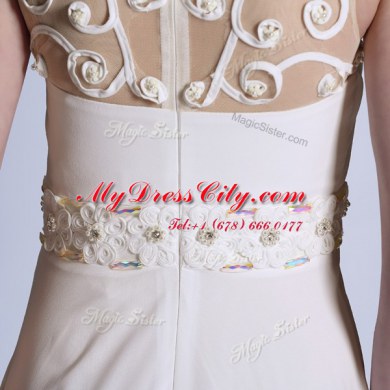 Scoop White Chiffon Zipper Prom Party Dress Sleeveless Floor Length Beading and Hand Made Flower