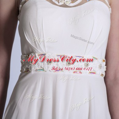 Scoop White Chiffon Zipper Prom Party Dress Sleeveless Floor Length Beading and Hand Made Flower