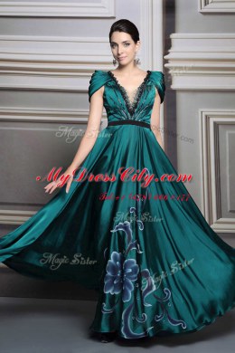 Dark Green V-neck Zipper Beading and Embroidery and Belt Dress for Prom Short Sleeves