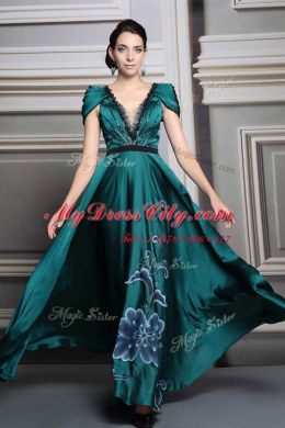 Dark Green V-neck Zipper Beading and Embroidery and Belt Dress for Prom Short Sleeves