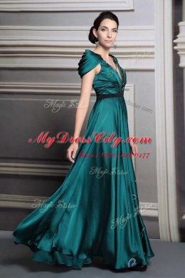 Dark Green V-neck Zipper Beading and Embroidery and Belt Dress for Prom Short Sleeves