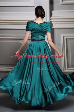 Dark Green V-neck Zipper Beading and Embroidery and Belt Dress for Prom Short Sleeves