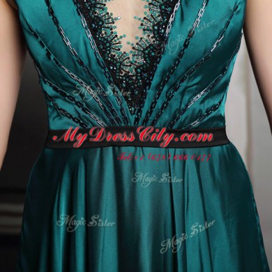 Dark Green V-neck Zipper Beading and Embroidery and Belt Dress for Prom Short Sleeves