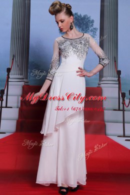 Customized Chiffon Scoop 3 4 Length Sleeve Zipper Beading and Appliques Dress for Prom in White