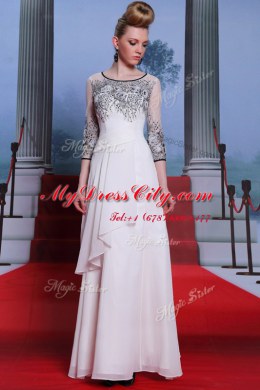 Customized Chiffon Scoop 3 4 Length Sleeve Zipper Beading and Appliques Dress for Prom in White