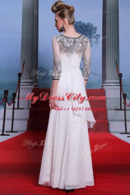 Customized Chiffon Scoop 3 4 Length Sleeve Zipper Beading and Appliques Dress for Prom in White