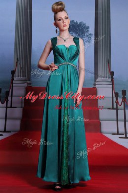Amazing Peacock Green Elastic Woven Satin Zipper Sweetheart Sleeveless Ankle Length Evening Dress Beading and Lace