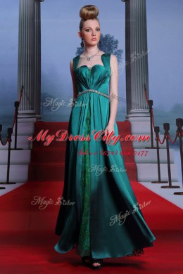 Amazing Peacock Green Elastic Woven Satin Zipper Sweetheart Sleeveless Ankle Length Evening Dress Beading and Lace