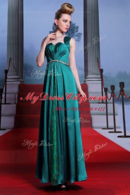 Amazing Peacock Green Elastic Woven Satin Zipper Sweetheart Sleeveless Ankle Length Evening Dress Beading and Lace