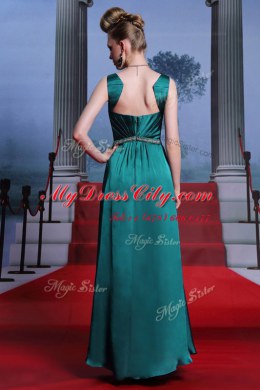 Amazing Peacock Green Elastic Woven Satin Zipper Sweetheart Sleeveless Ankle Length Evening Dress Beading and Lace