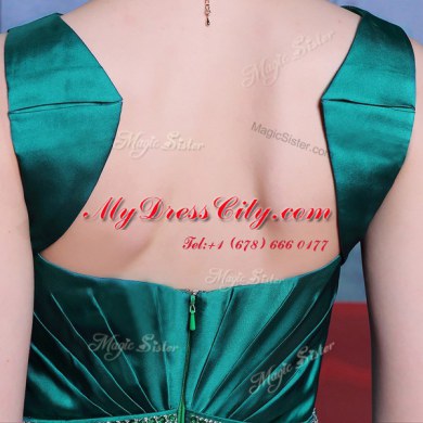 Amazing Peacock Green Elastic Woven Satin Zipper Sweetheart Sleeveless Ankle Length Evening Dress Beading and Lace