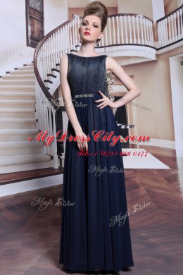 Fashionable Sleeveless Floor Length Beading and Appliques Zipper Evening Dress with Navy Blue