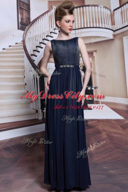 Fashionable Sleeveless Floor Length Beading and Appliques Zipper Evening Dress with Navy Blue