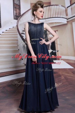 Fashionable Sleeveless Floor Length Beading and Appliques Zipper Evening Dress with Navy Blue