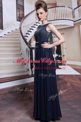 Fashionable Sleeveless Floor Length Beading and Appliques Zipper Evening Dress with Navy Blue