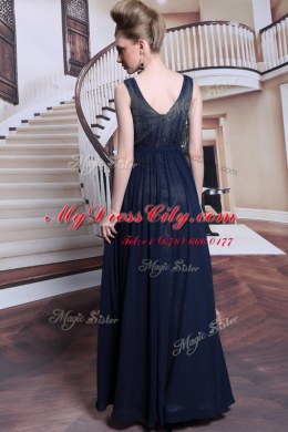Fashionable Sleeveless Floor Length Beading and Appliques Zipper Evening Dress with Navy Blue