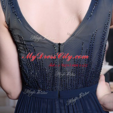 Fashionable Sleeveless Floor Length Beading and Appliques Zipper Evening Dress with Navy Blue
