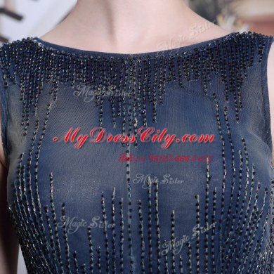 Fashionable Sleeveless Floor Length Beading and Appliques Zipper Evening Dress with Navy Blue