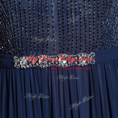 Fashionable Sleeveless Floor Length Beading and Appliques Zipper Evening Dress with Navy Blue