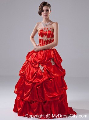 A-Line Appliques Taffeta Red Floor-length Strapless Prom Dress