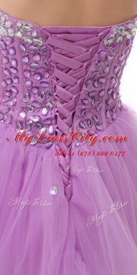 New Arrival Lilac A-line Organza Sweetheart Sleeveless Beading Knee Length Lace Up Prom Gown