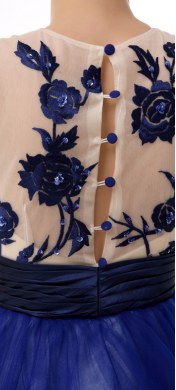 Delicate Royal Blue Clasp Handle Scoop Appliques Prom Evening Gown Organza Sleeveless