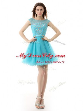 Discount Knee Length Aqua Blue Dress for Prom Organza Sleeveless Beading