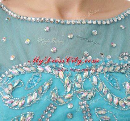 Discount Knee Length Aqua Blue Dress for Prom Organza Sleeveless Beading