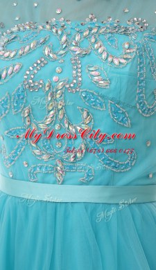 Discount Knee Length Aqua Blue Dress for Prom Organza Sleeveless Beading