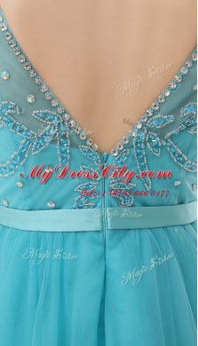Discount Knee Length Aqua Blue Dress for Prom Organza Sleeveless Beading
