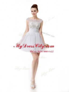 Attractive A-line Prom Party Dress White Scoop Organza Cap Sleeves Mini Length Zipper