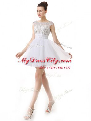 Attractive A-line Prom Party Dress White Scoop Organza Cap Sleeves Mini Length Zipper