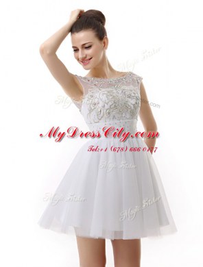 Attractive A-line Prom Party Dress White Scoop Organza Cap Sleeves Mini Length Zipper