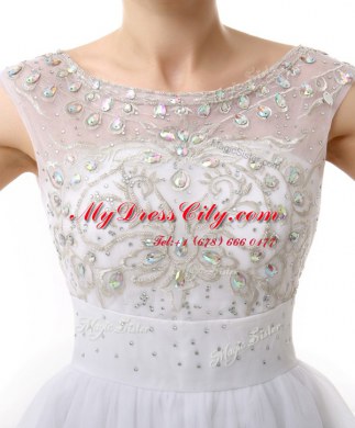 Attractive A-line Prom Party Dress White Scoop Organza Cap Sleeves Mini Length Zipper