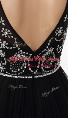 Chic Black Zipper Evening Dress Beading Sleeveless Knee Length