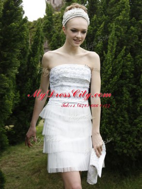 Exceptional White Strapless Zipper Ruffled Layers Evening Dress Sleeveless