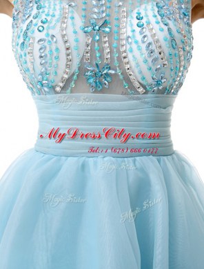 Scoop Light Blue A-line Beading and Sashes ribbons Prom Dress Zipper Chiffon Sleeveless Knee Length