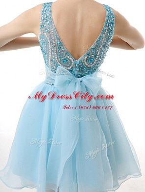 Scoop Light Blue A-line Beading and Sashes ribbons Prom Dress Zipper Chiffon Sleeveless Knee Length