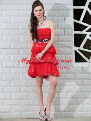 Artistic Red Column/Sheath Chiffon Strapless Sleeveless Beading Knee Length Side Zipper Prom Gown