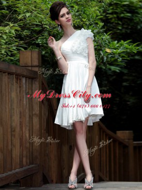 Suitable One Shoulder White Sleeveless Beading Knee Length Evening Dress