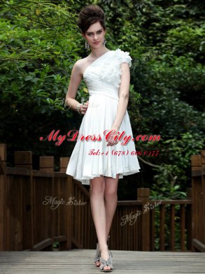 Suitable One Shoulder White Sleeveless Beading Knee Length Evening Dress