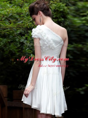 Suitable One Shoulder White Sleeveless Beading Knee Length Evening Dress