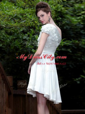 Suitable One Shoulder White Sleeveless Beading Knee Length Evening Dress