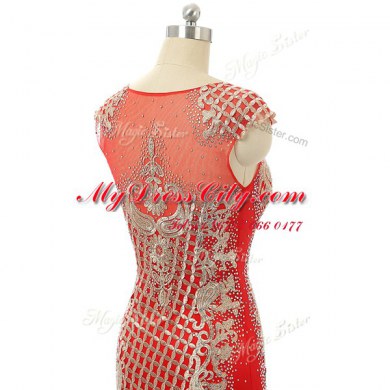 Custom Made Scoop Sleeveless Satin Prom Dresses Beading and Lace Brush Train Zipper