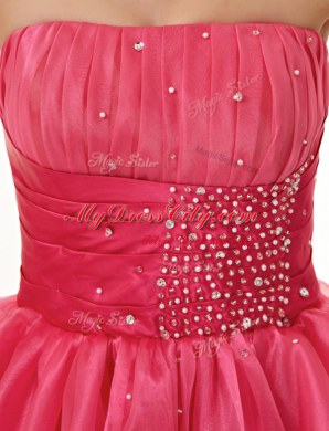 Fashion Hot Pink Organza Lace Up Prom Dresses Sleeveless Knee Length Beading