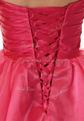 Fashion Hot Pink Organza Lace Up Prom Dresses Sleeveless Knee Length Beading